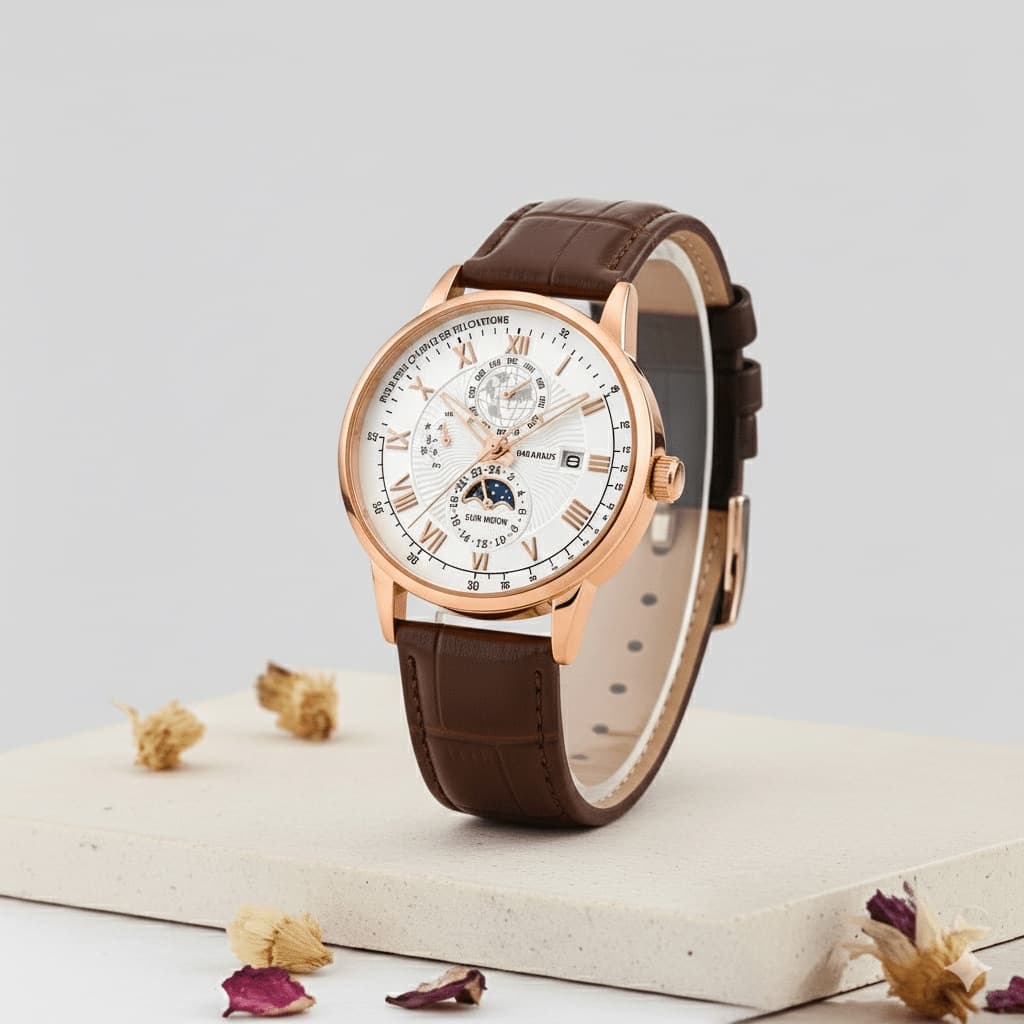 Brown & Gold Leather Strap Watch