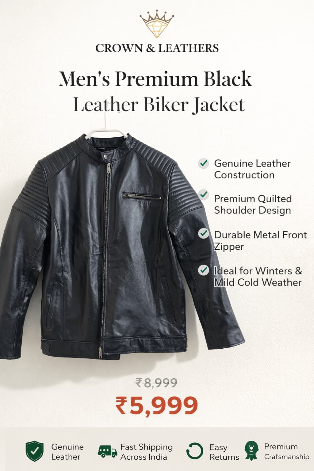 Crown & Leathers Men’s Premium Black Leather Biker Jacket thumbnail 4