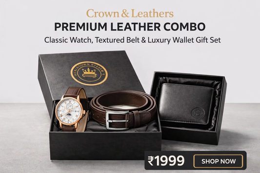 Crown & Leathers Premium Leather Combo – Classic Watch, Textured Belt & Luxury Wallet Gift Set