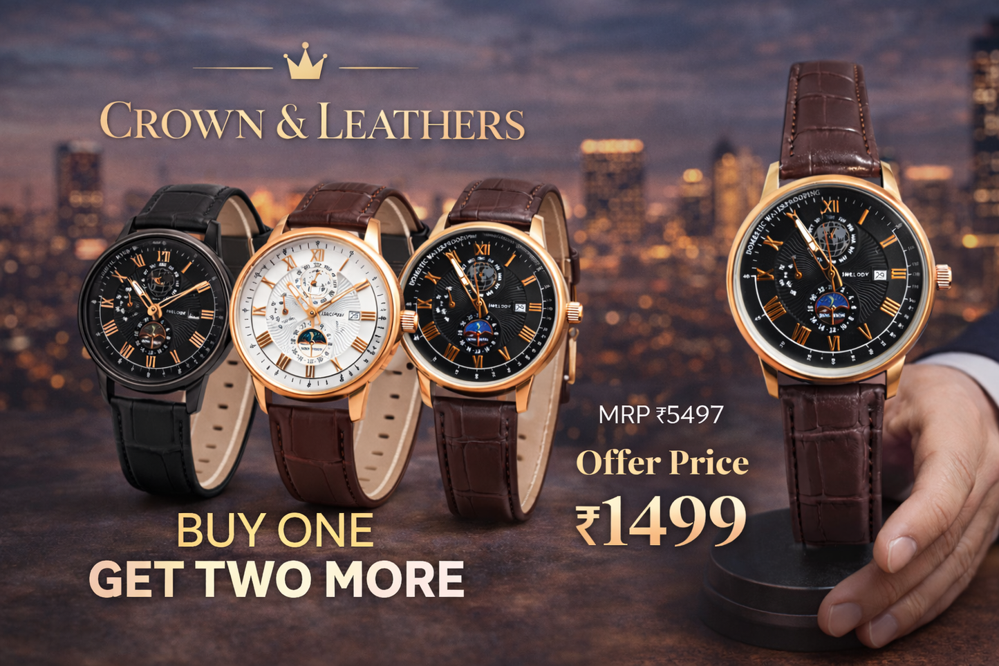 Crown & Leathers Luxury Watch Combo – Buy 1 Get 2 Free (3 Watches @ ₹1499)