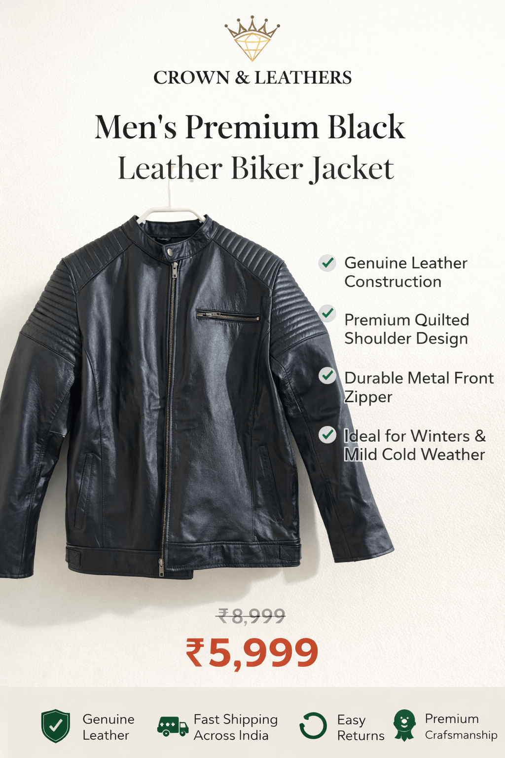 Crown & Leathers Men’s Premium Black Leather Biker Jacket - Crown & Leathers