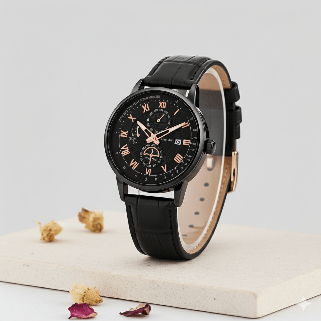 Crown & Leathers – Regal Leather - Strap Watch (Black & Black) - Crown & Leathers