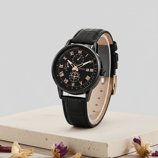 Crown & Leathers – Regal Leather - Strap Watch (Black & Black) - Crown & Leathers