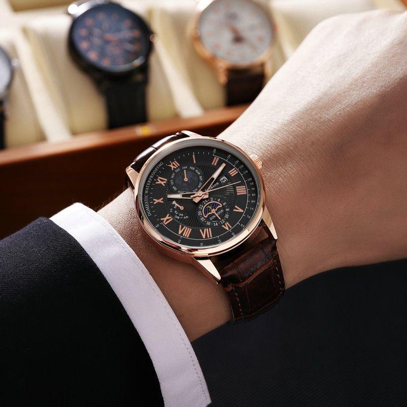 Luxury Men’s Waterproof Quartz Watch – Luminous Dial, Leather Strap, Sports & Casual Design - Crown & Leathers